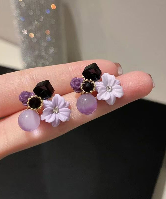 Original Design Purple Alloy Zircon Floral Stud Earrings