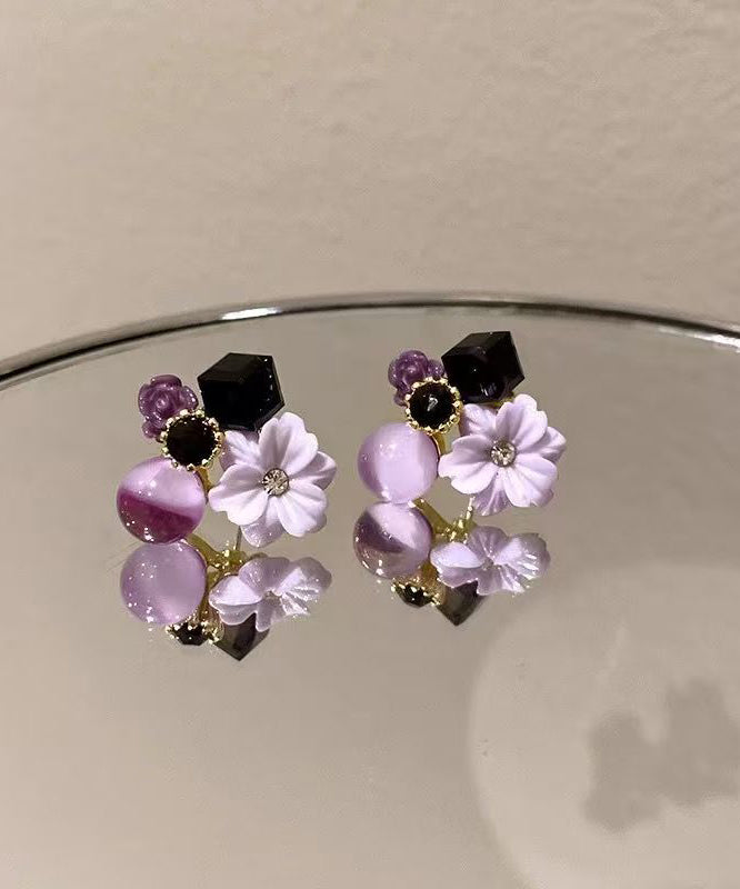 Original Design Purple Alloy Zircon Floral Stud Earrings