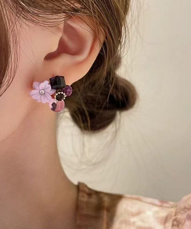 Original Design Purple Alloy Zircon Floral Stud Earrings