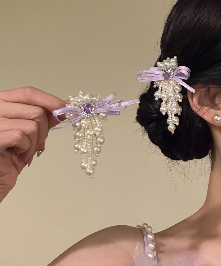 Original Design Purple Cloth Zircon Pearl Bow Hairpin - Omychic