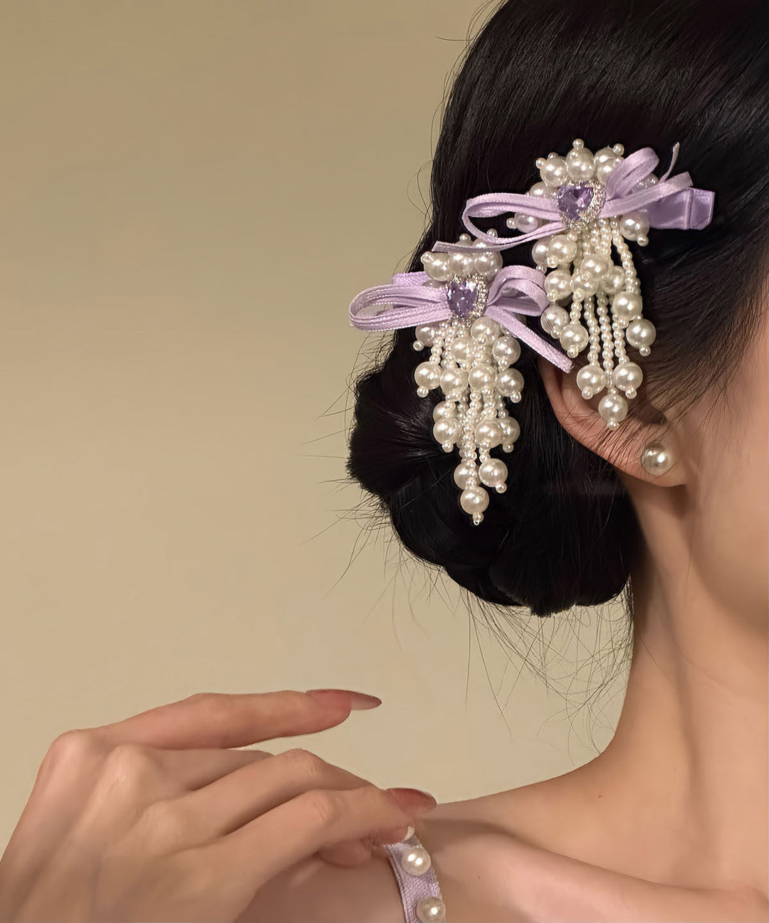 Original Design Purple Cloth Zircon Pearl Bow Hairpin - Omychic