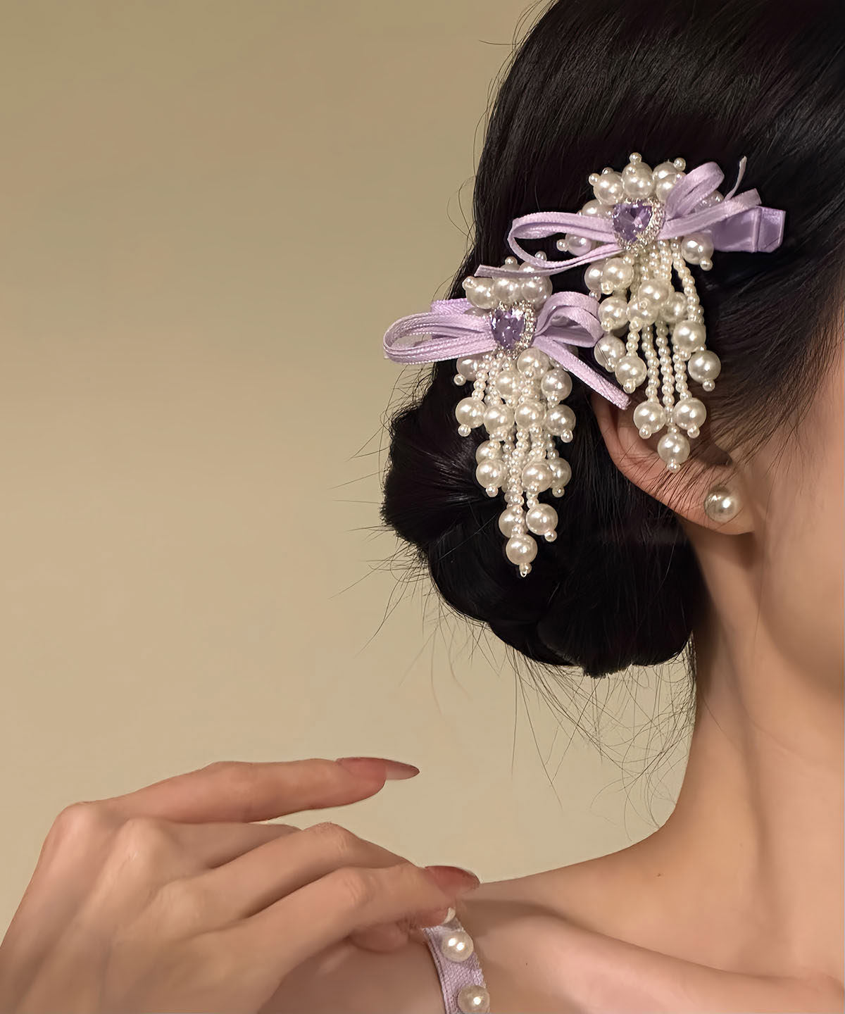 Original Design Purple Cloth Zircon Pearl Bow Hairpin - Omychic