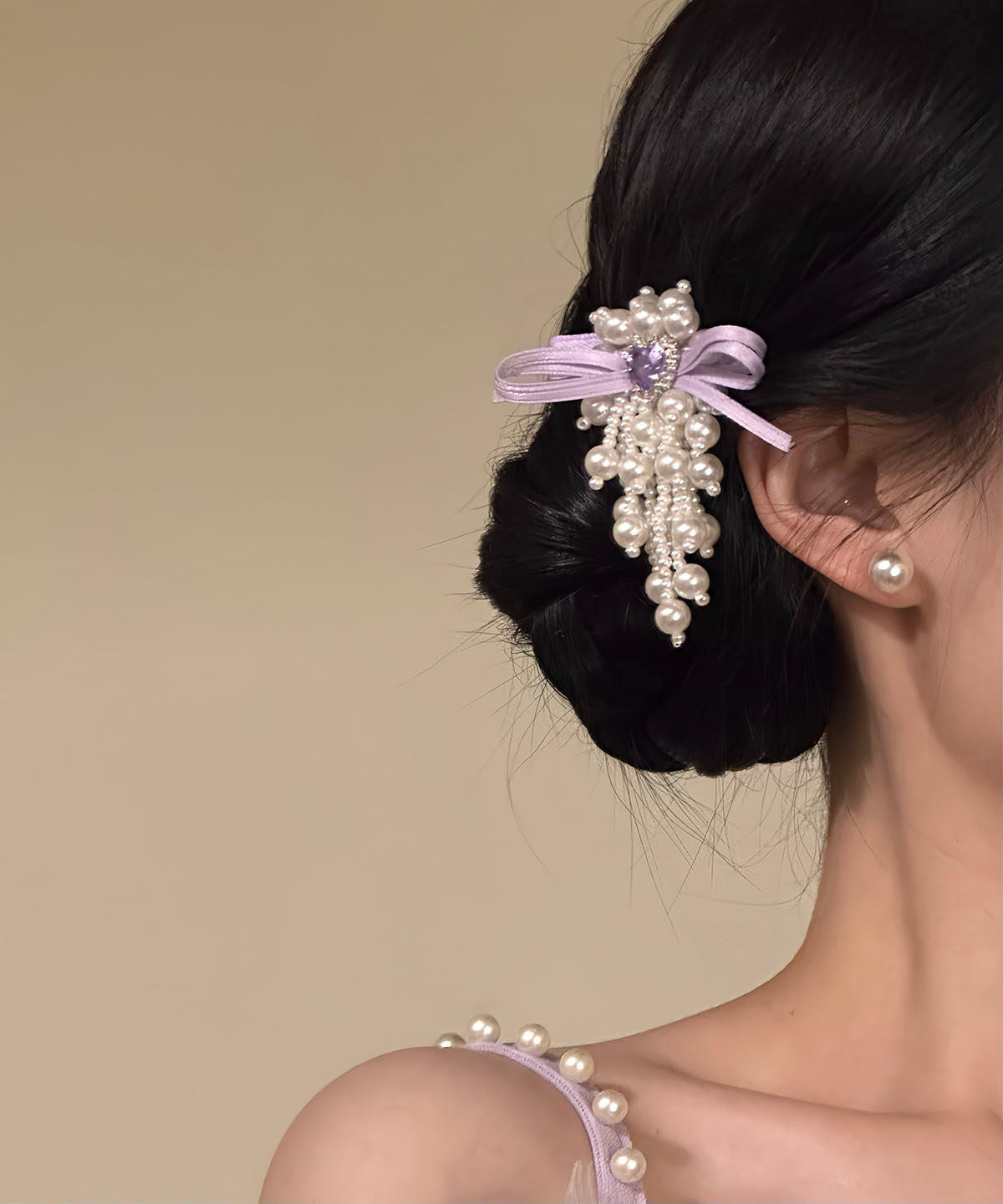 Original Design Purple Cloth Zircon Pearl Bow Hairpin - Omychic