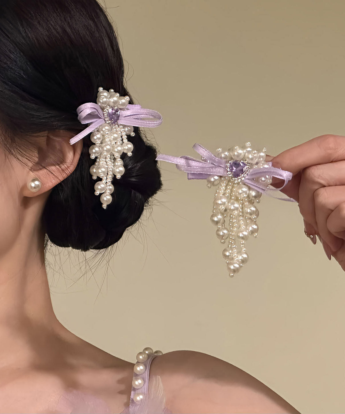 Original Design Purple Cloth Zircon Pearl Bow Hairpin - Omychic
