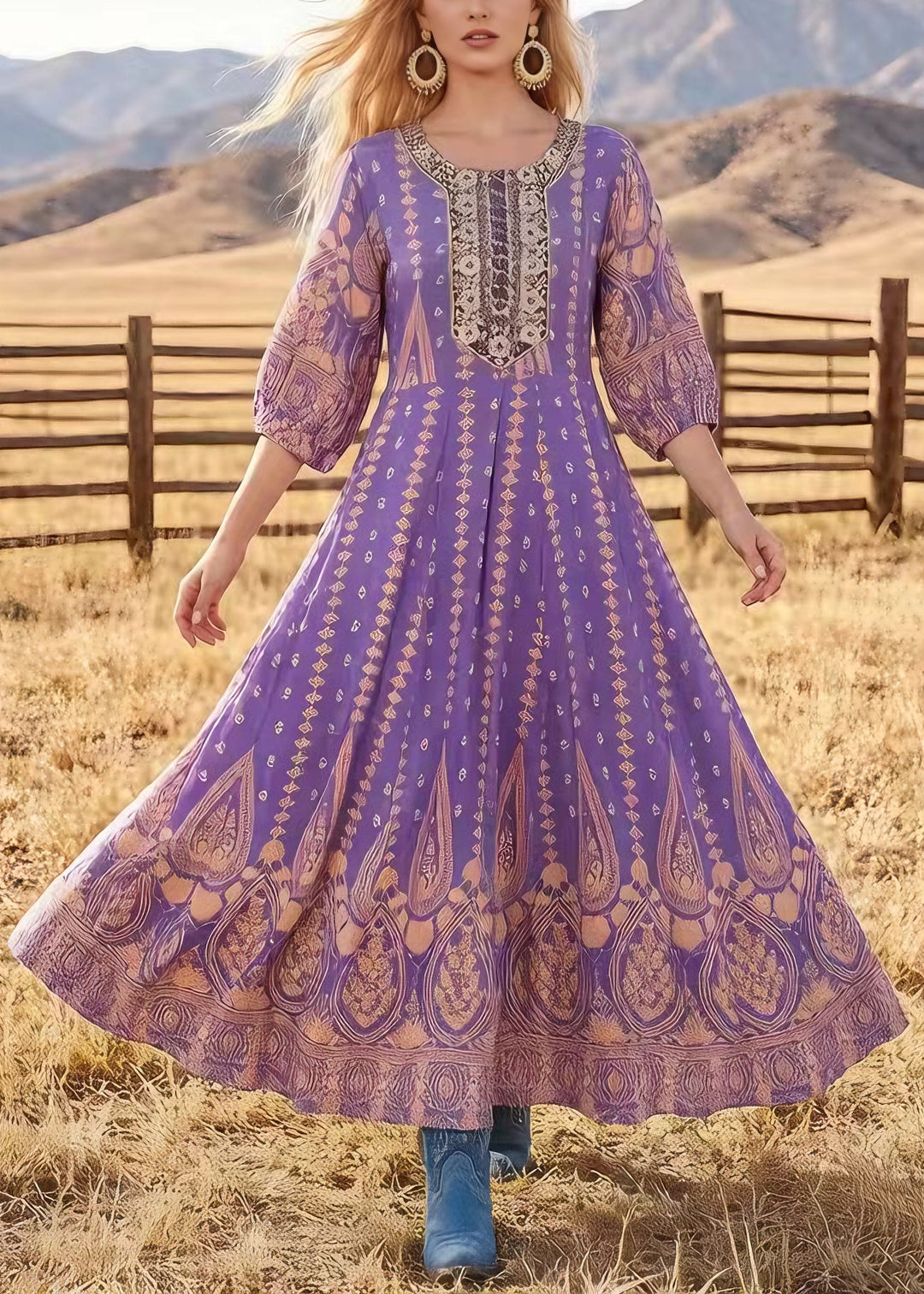 Original Design Purple O Neck Print Exra Large Hem Cotton Dress Summer