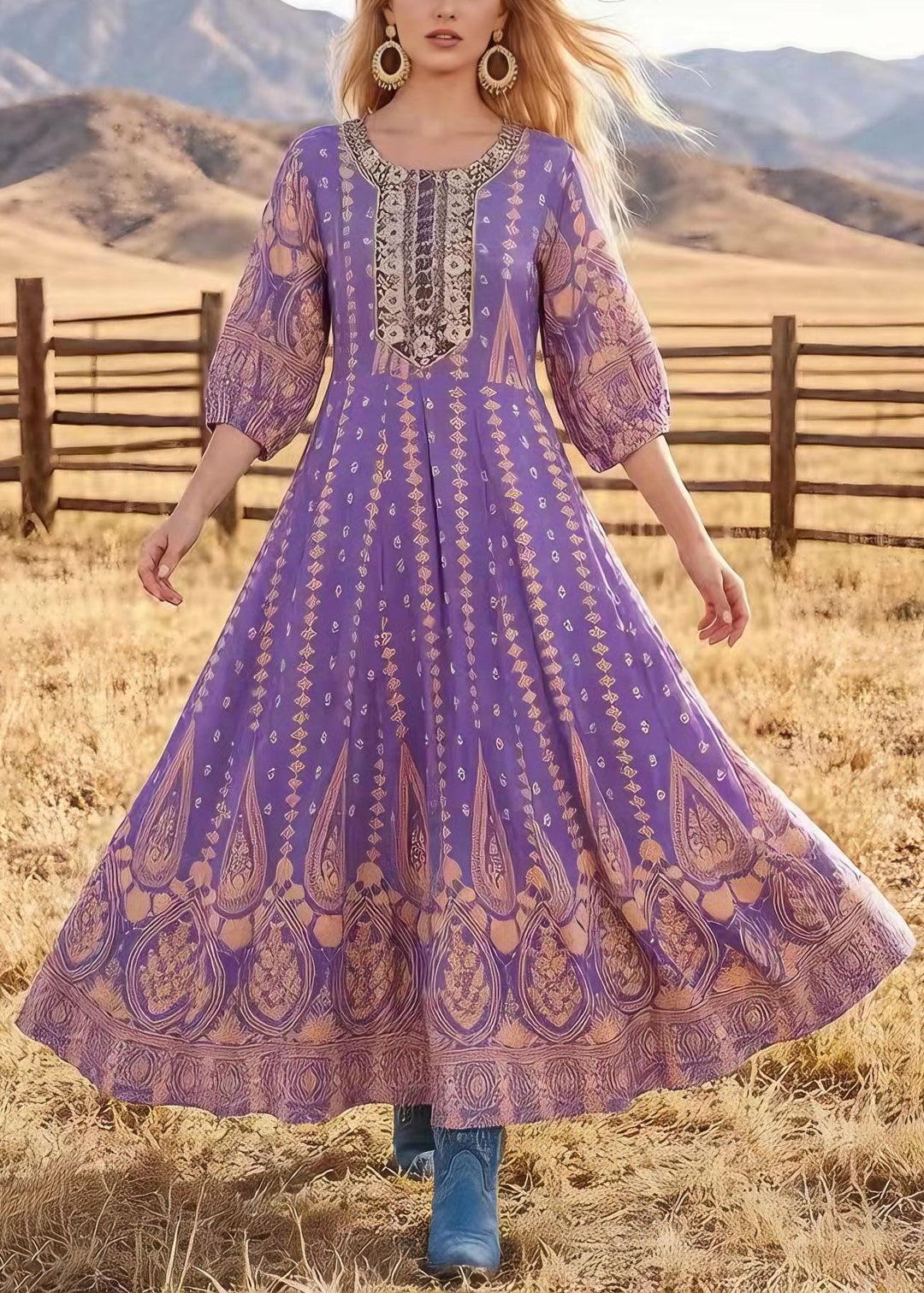 Original Design Purple O Neck Print Exra Large Hem Cotton Dress Summer
