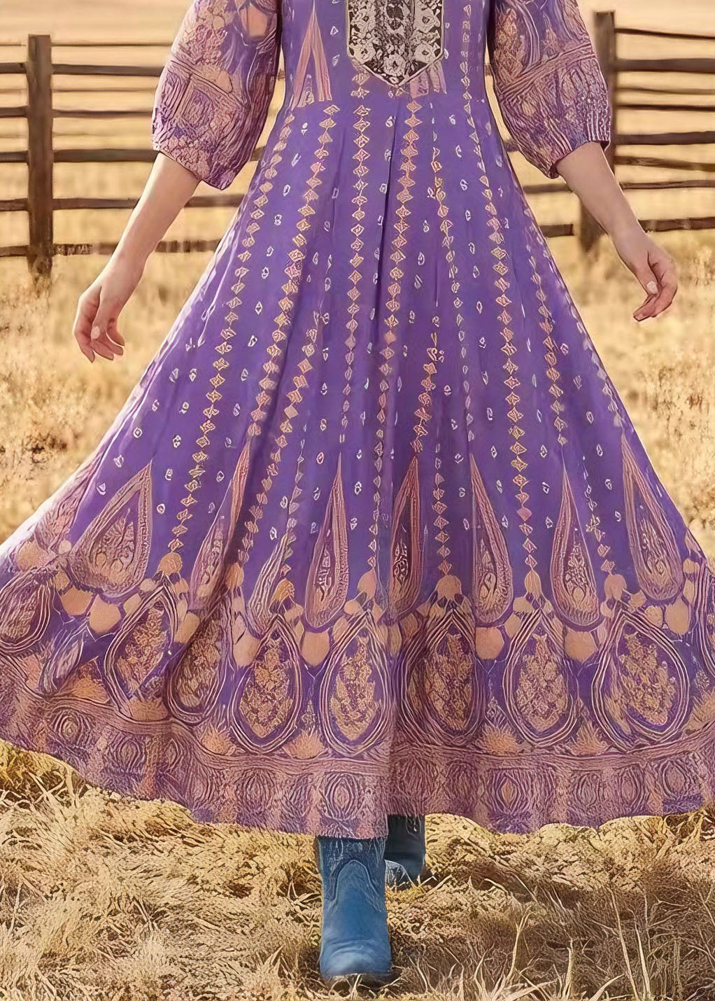 Original Design Purple O Neck Print Exra Large Hem Cotton Dress Summer