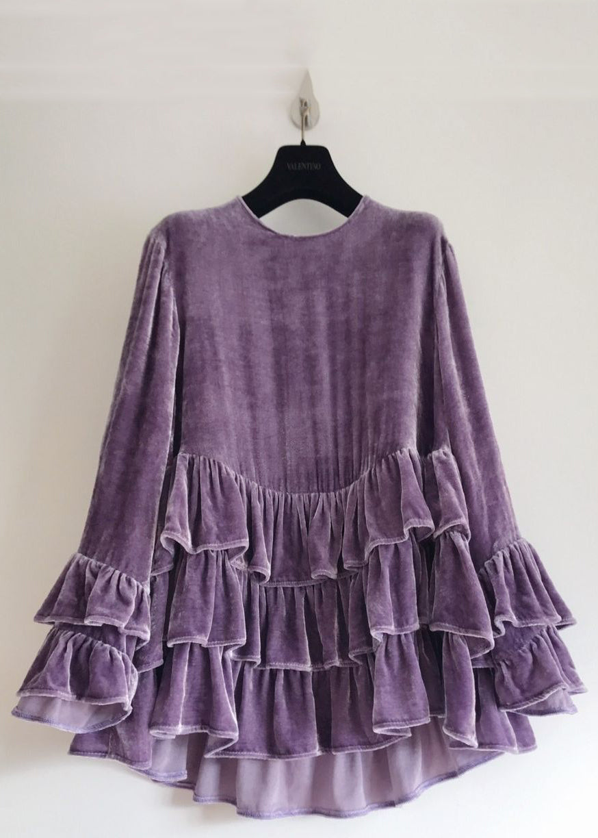 Original Design Purple Ruffled Patchwork Silk Velour Tops Fall