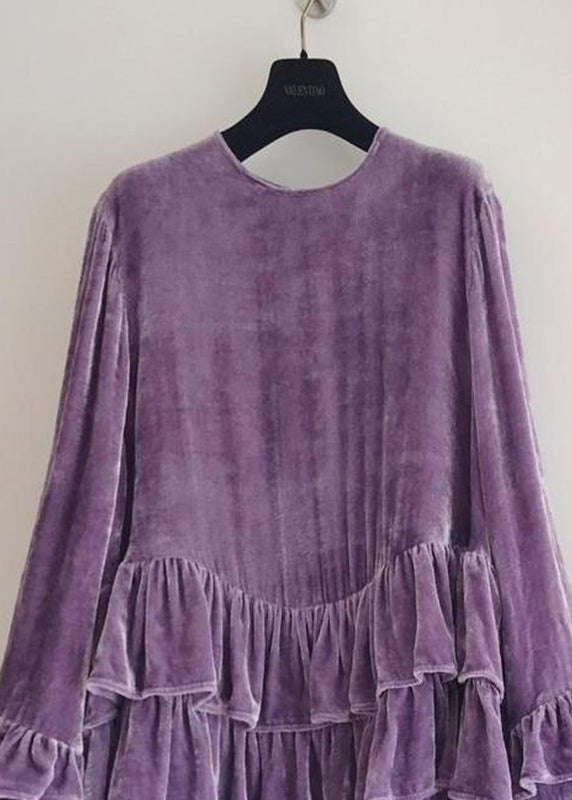 Original Design Purple Ruffled Patchwork Silk Velour Tops Fall