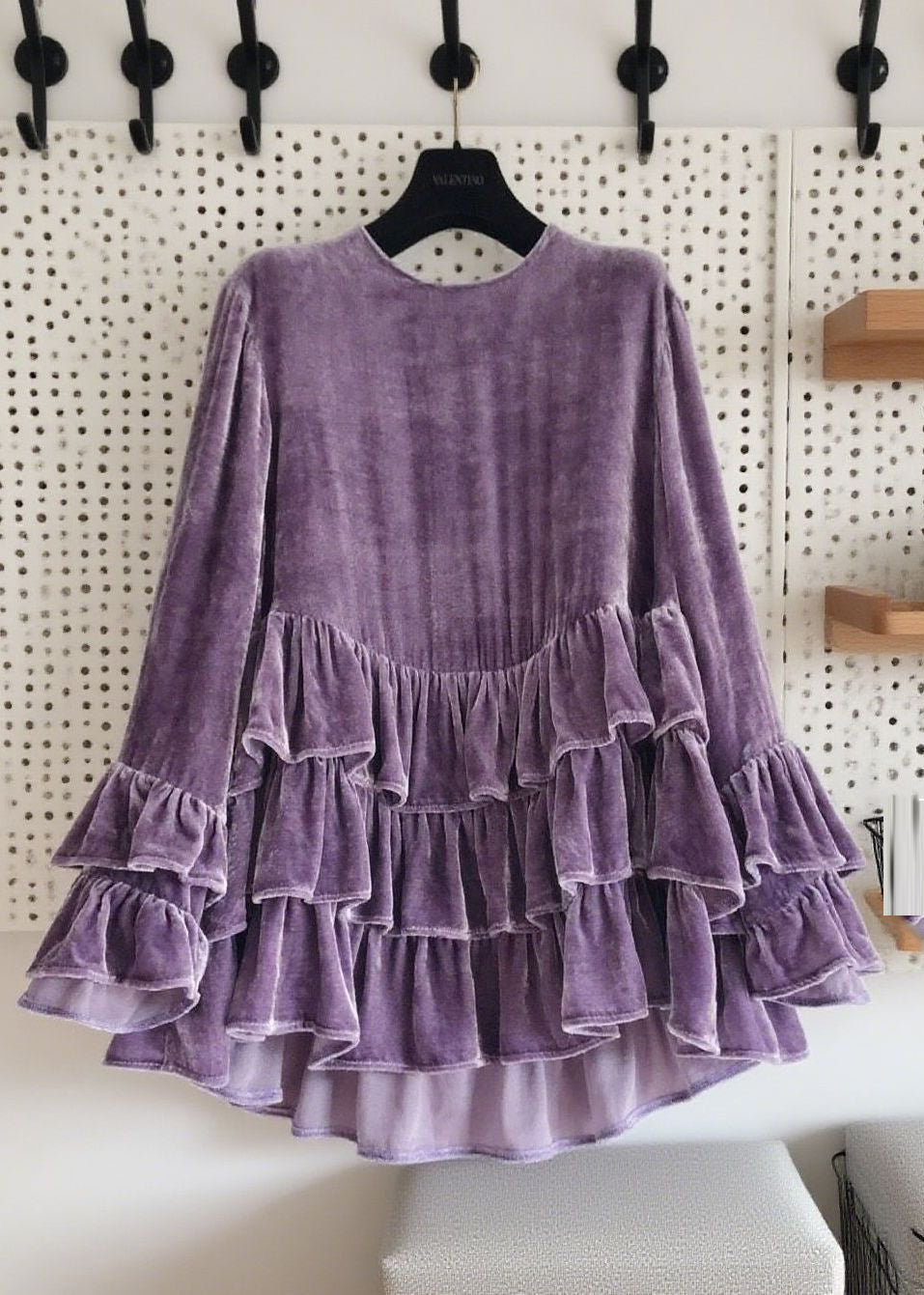 Original Design Purple Ruffled Patchwork Silk Velour Tops Fall
