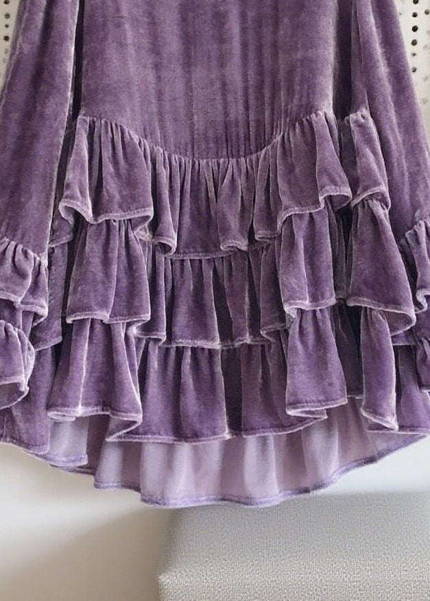 Original Design Purple Ruffled Patchwork Silk Velour Tops Fall