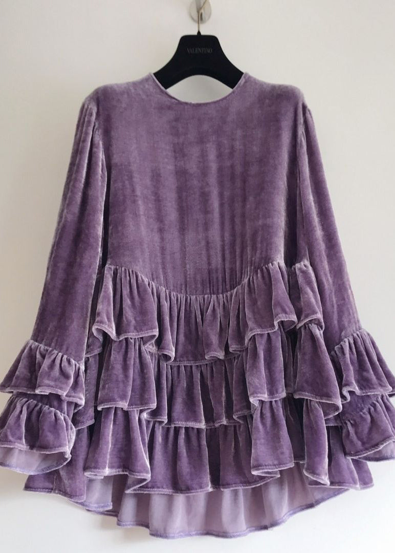 Original Design Purple Ruffled Patchwork Silk Velour Tops Fall