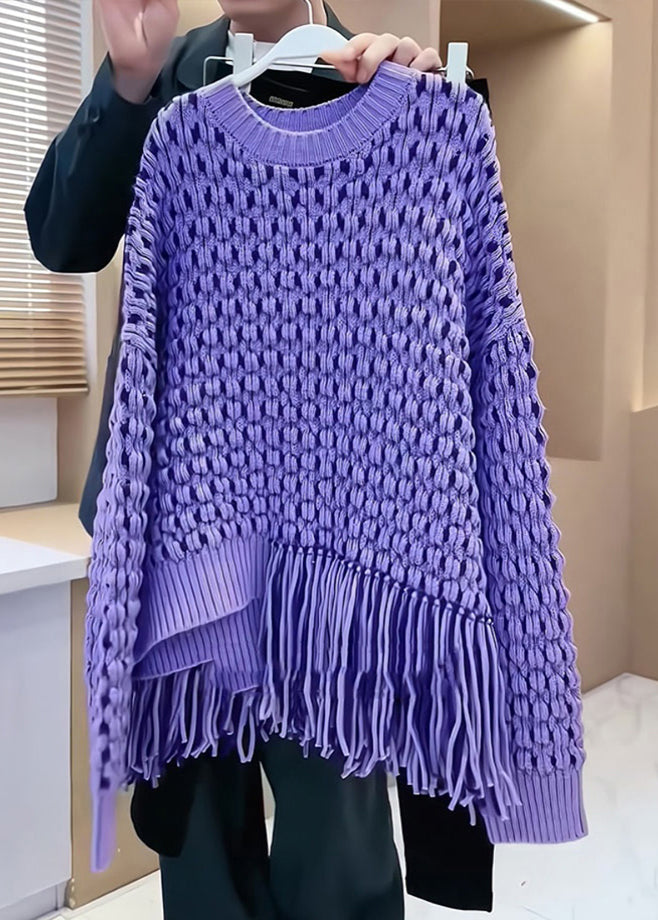 Original Design Purple Tassel Patchwork Hollow Out Cozy Cotton Knit Sweater Fall