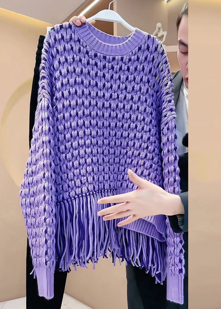 Original Design Purple Tassel Patchwork Hollow Out Cozy Cotton Knit Sweater Fall