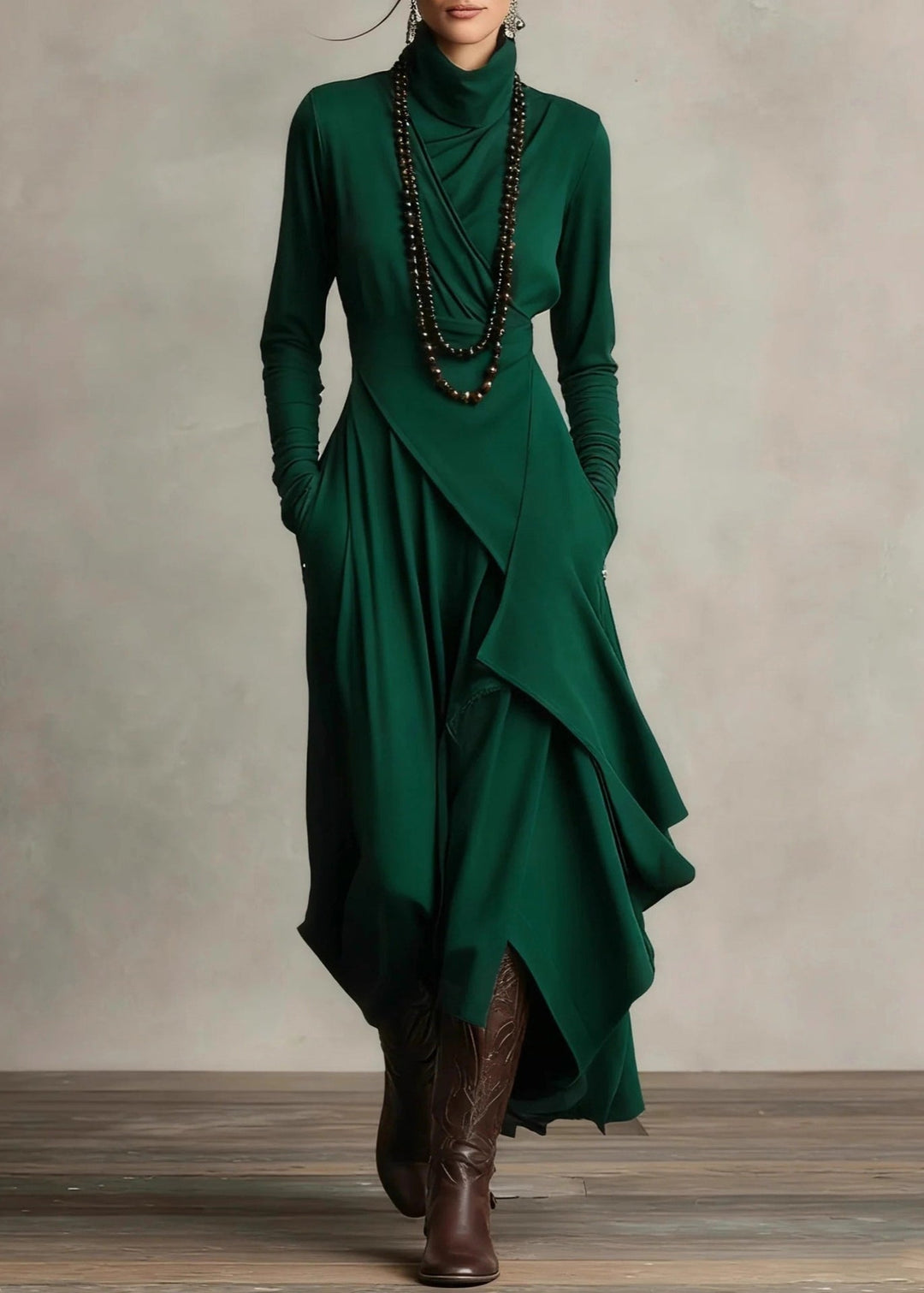 Original Design Purple Turtleneck Pockets Solid Cotton Maxi Dress Spring