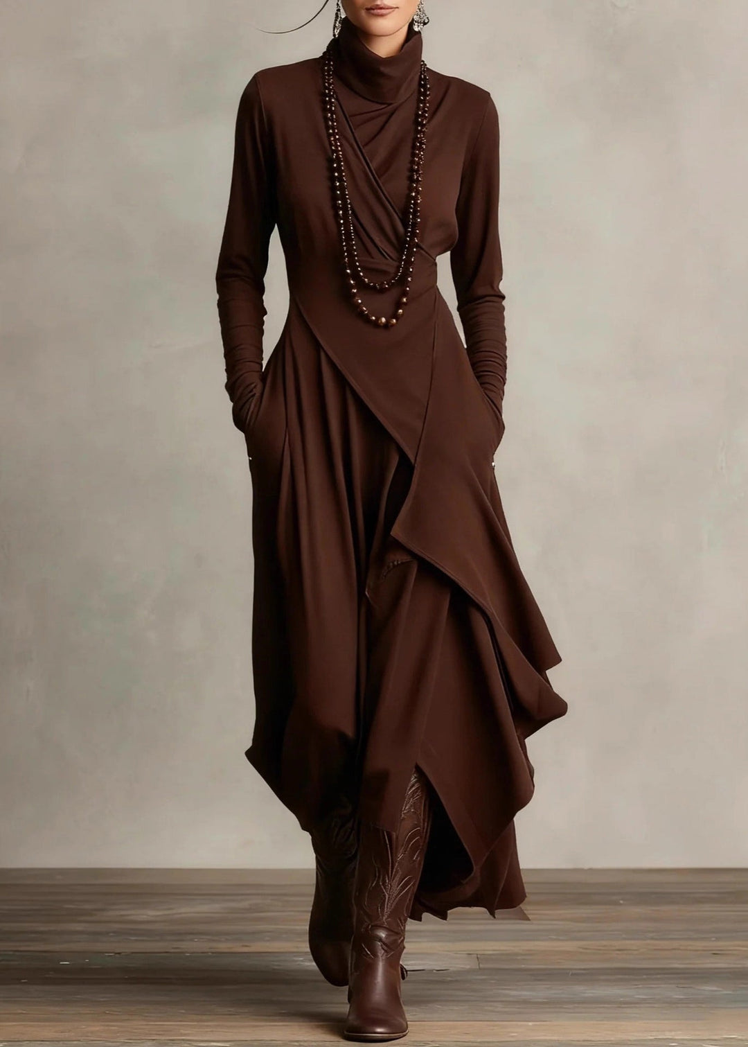 Original Design Purple Turtleneck Pockets Solid Cotton Maxi Dress Spring