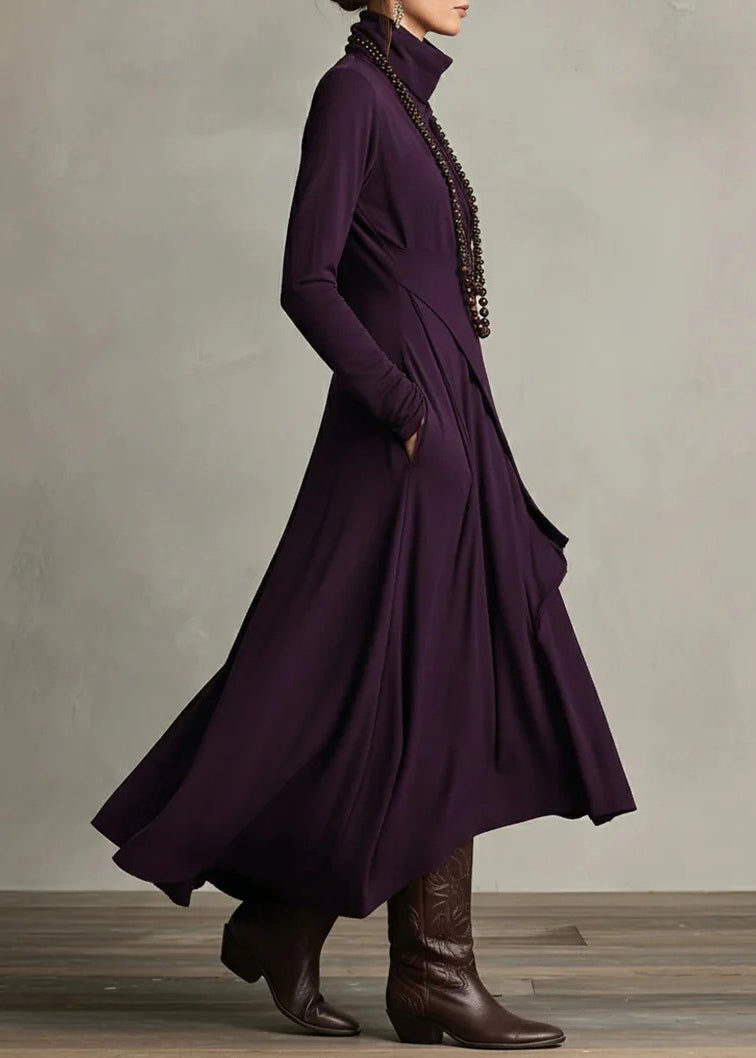 Original Design Purple Turtleneck Pockets Solid Cotton Maxi Dress Spring