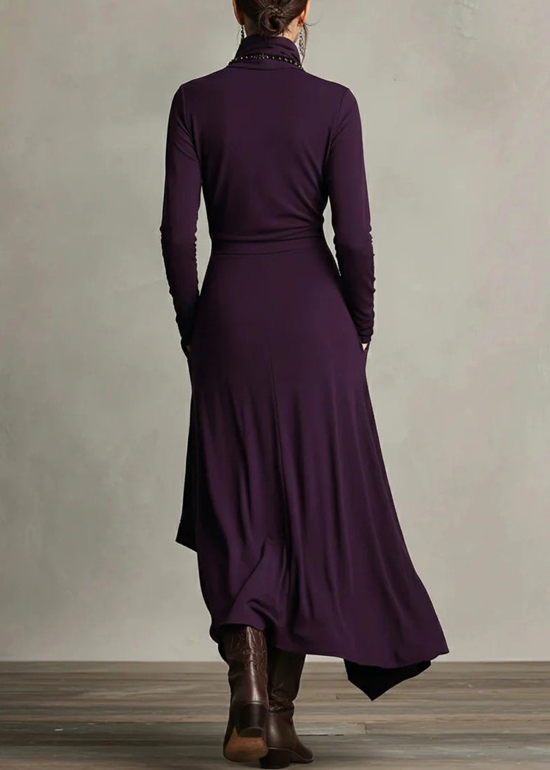 Original Design Purple Turtleneck Pockets Solid Cotton Maxi Dress Spring