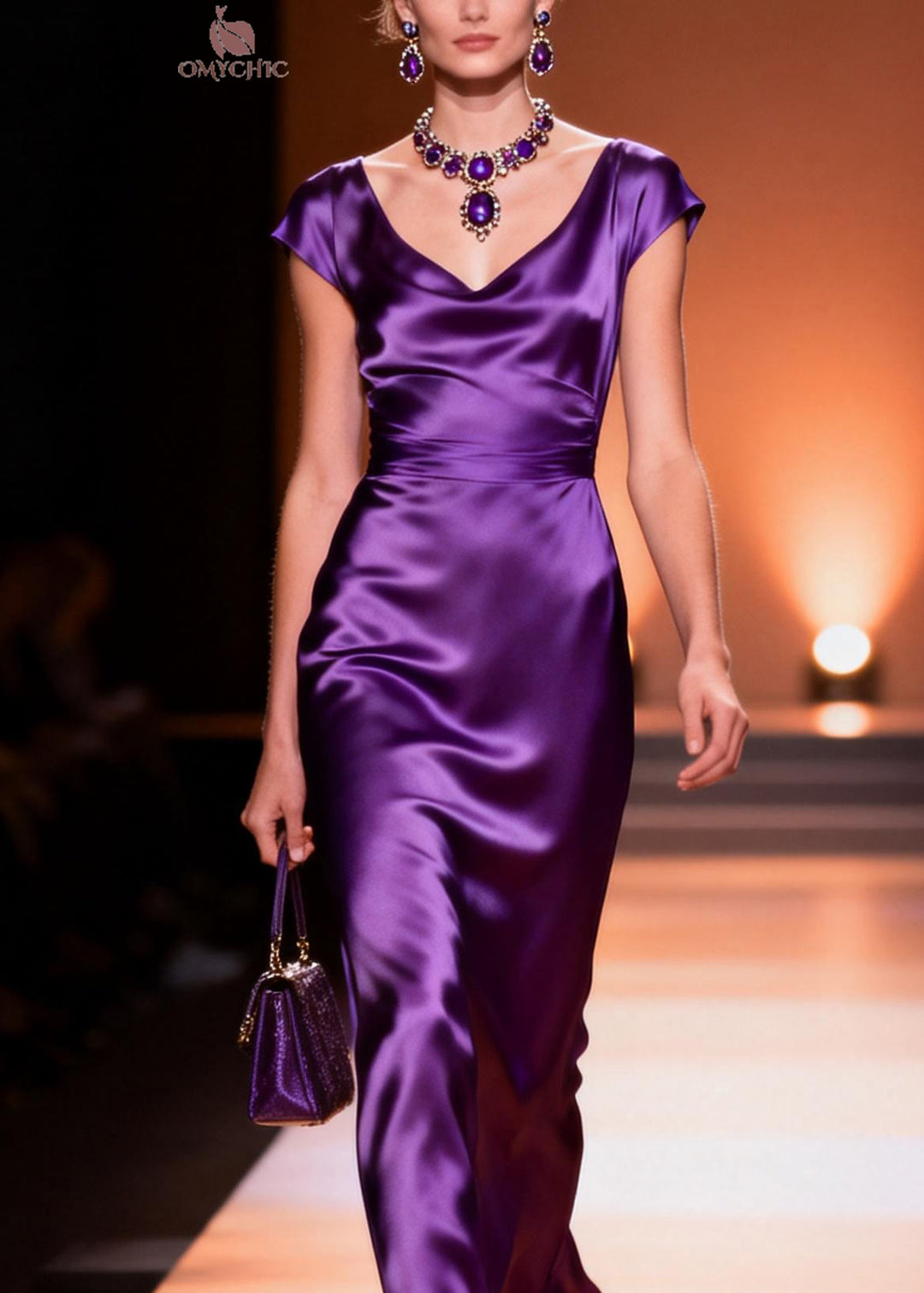 Original Design Purple V Neck Silk Long Dress Summer