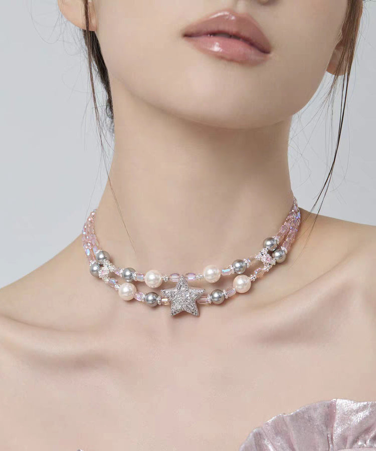 Original Design Rainbow Alloy Zircon Pearl Pentagram Double-Layer Princess Necklace - Omychic