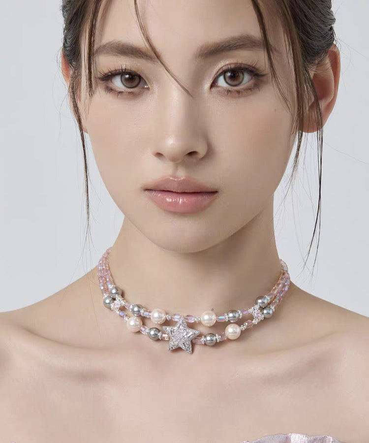 Original Design Rainbow Alloy Zircon Pearl Pentagram Double-Layer Princess Necklace - Omychic