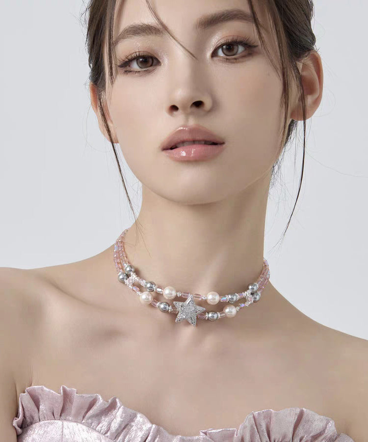 Original Design Rainbow Alloy Zircon Pearl Pentagram Double-Layer Princess Necklace - Omychic