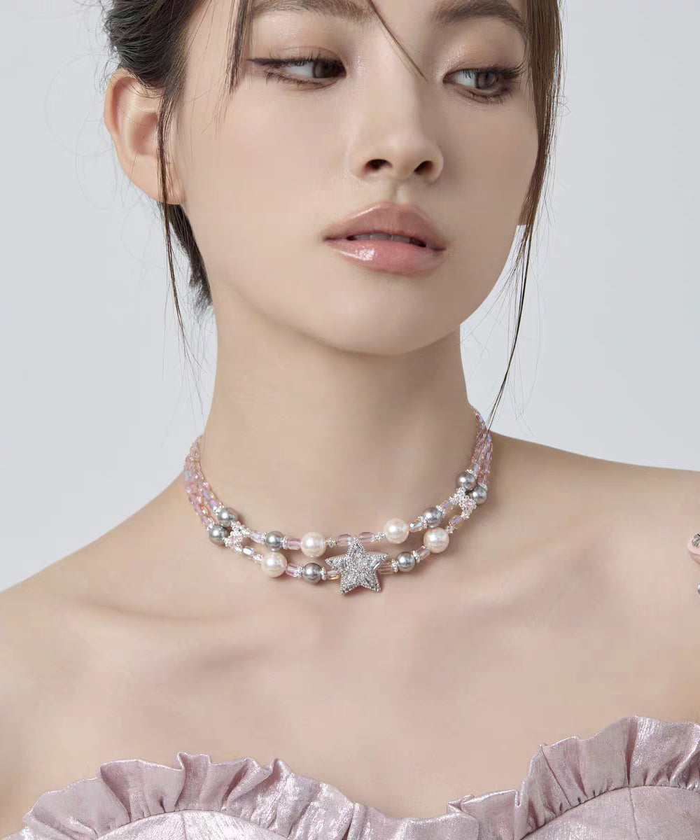 Original Design Rainbow Alloy Zircon Pearl Pentagram Double-Layer Princess Necklace - Omychic