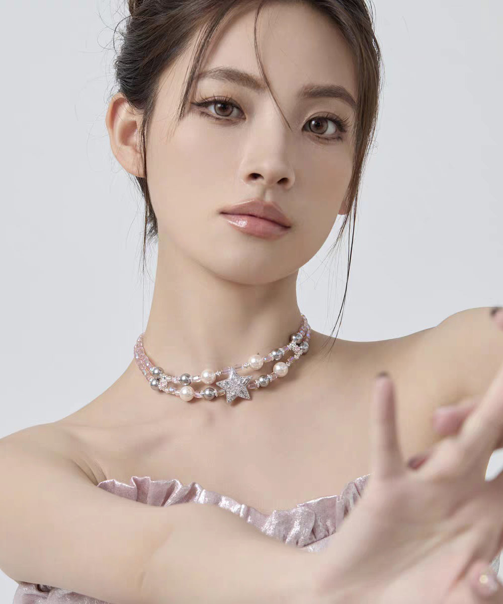 Original Design Rainbow Alloy Zircon Pearl Pentagram Double-Layer Princess Necklace - Omychic