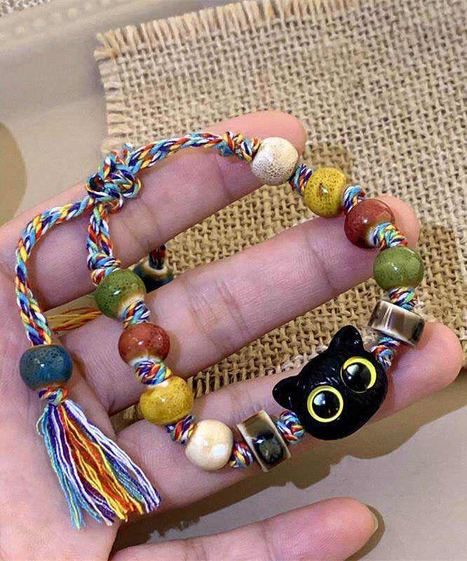 Original Design Rainbow Weave Cartoon Cats Ceramic Charm Bracelet