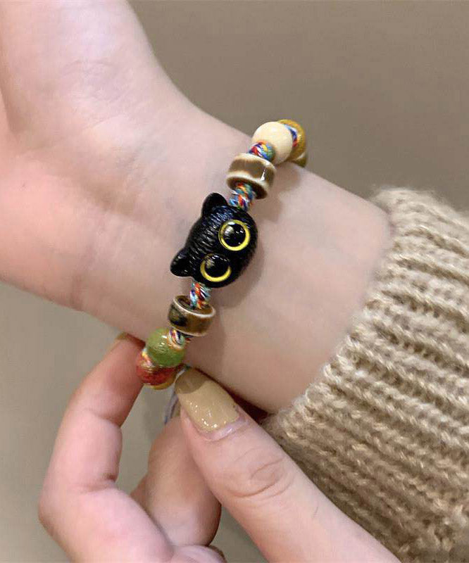 Original Design Rainbow Weave Cartoon Cats Ceramic Charm Bracelet