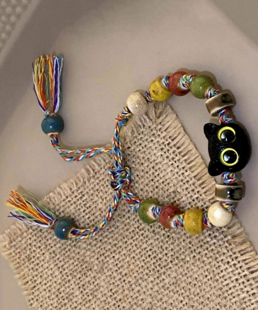 Original Design Rainbow Weave Cartoon Cats Ceramic Charm Bracelet