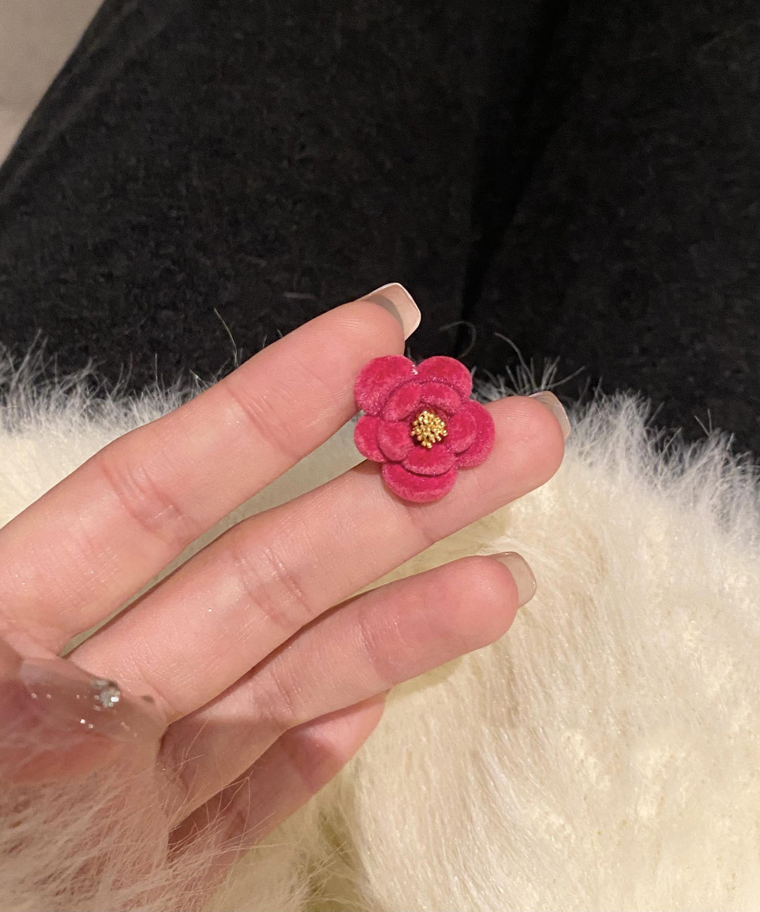 Original Design Red Alloy Flocking Camellia Flower Stud Earrings