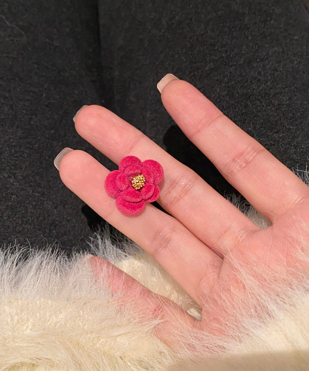 Original Design Red Alloy Flocking Camellia Flower Stud Earrings