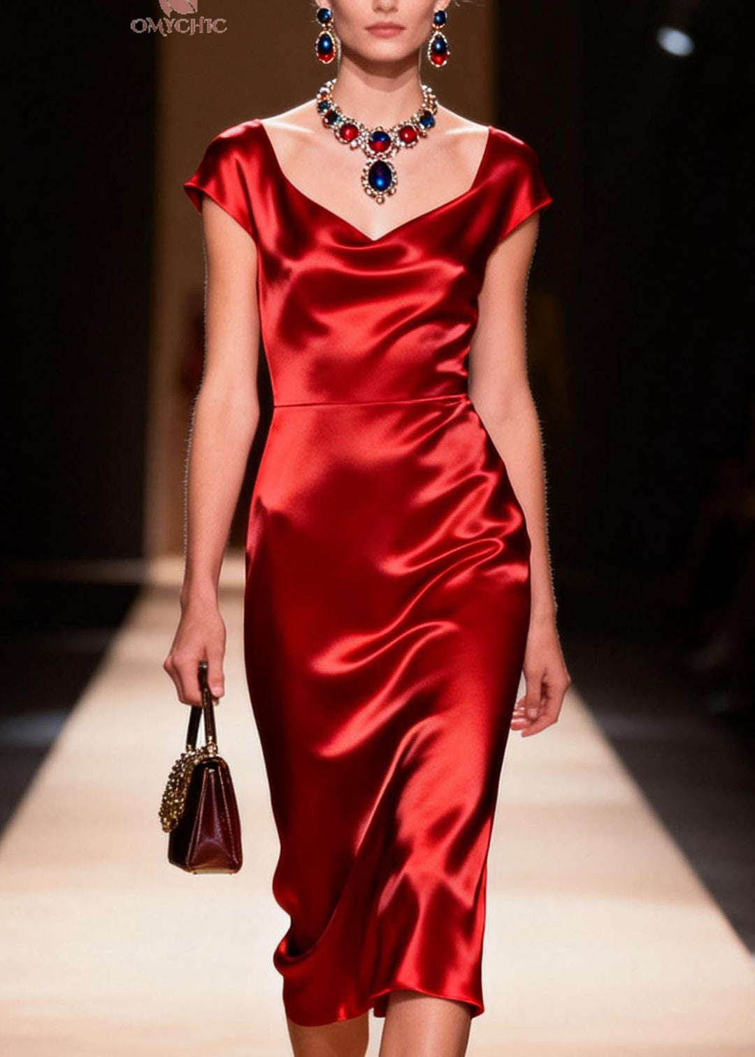 Original Design Red Draping Collar Silk Long Dress Summer
