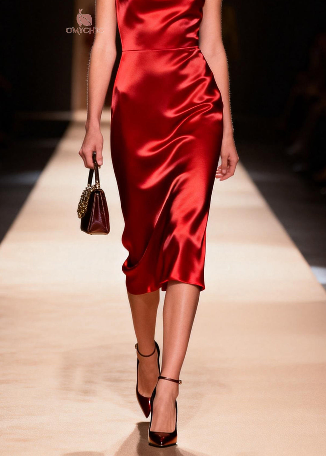 Original Design Red Draping Collar Silk Long Dress Summer