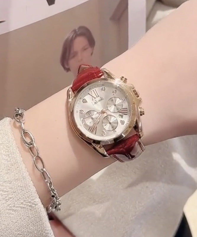 Original Design Red Leather Alloy Quartz Movement Waterproof Watch
