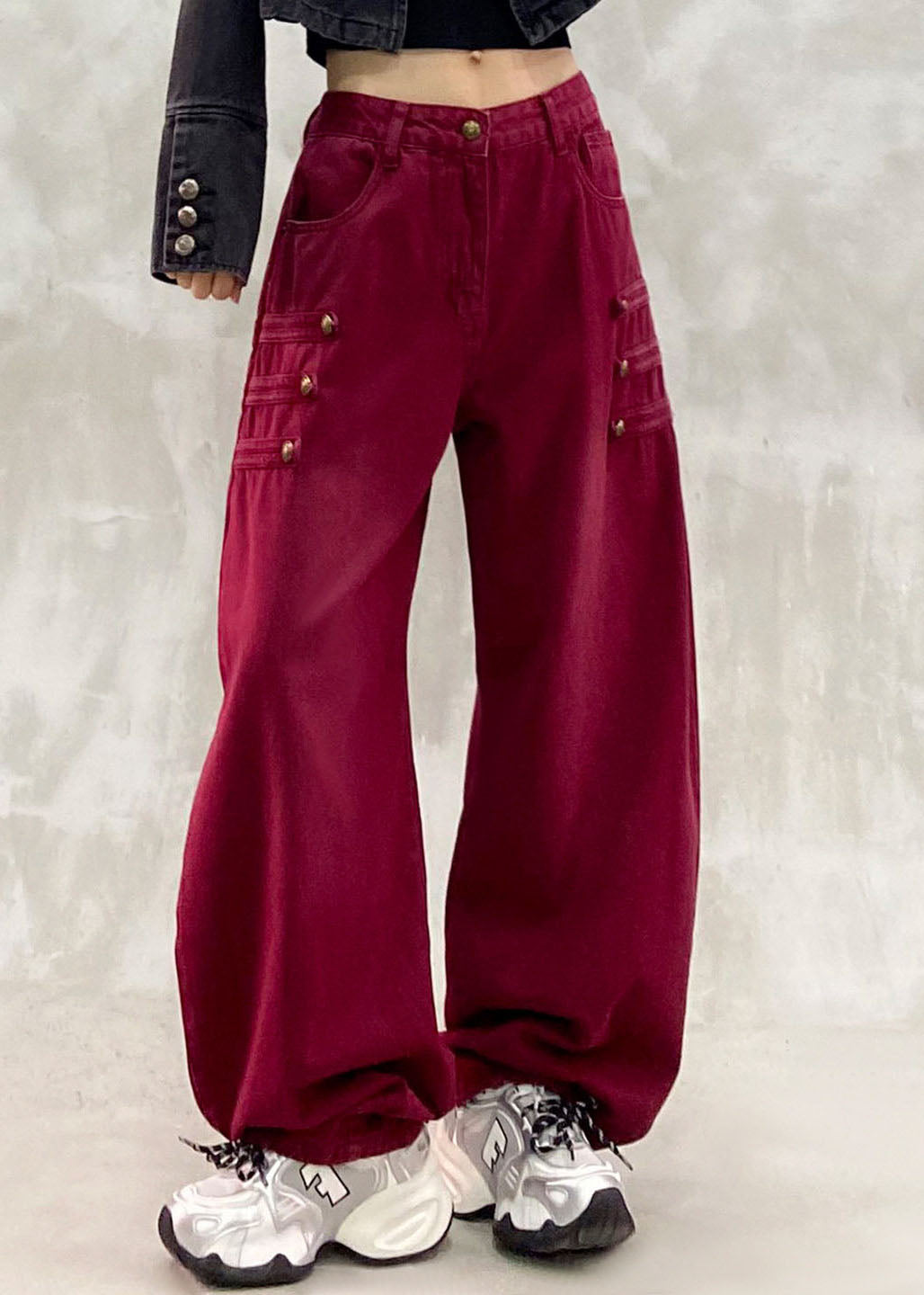 Original Design Red Patchwork Draping High Waist Wide Leg Jeans Fall