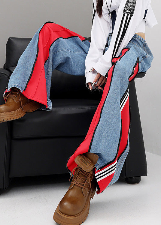 Original Design Red Pockets Patchwork Denim Wide Leg Pants Fall