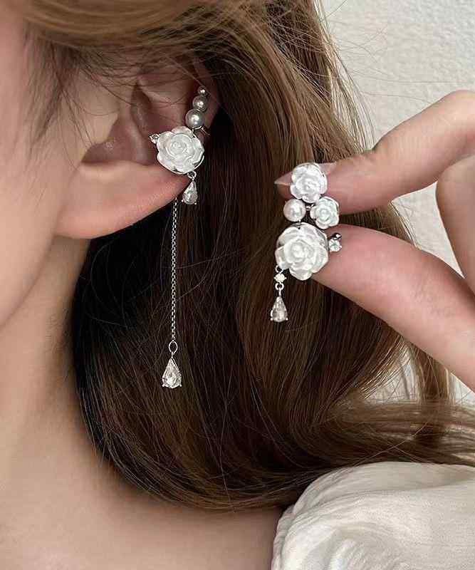 Original Design Rose Pearl Asymmetric Tassel Ear Clip Earrings