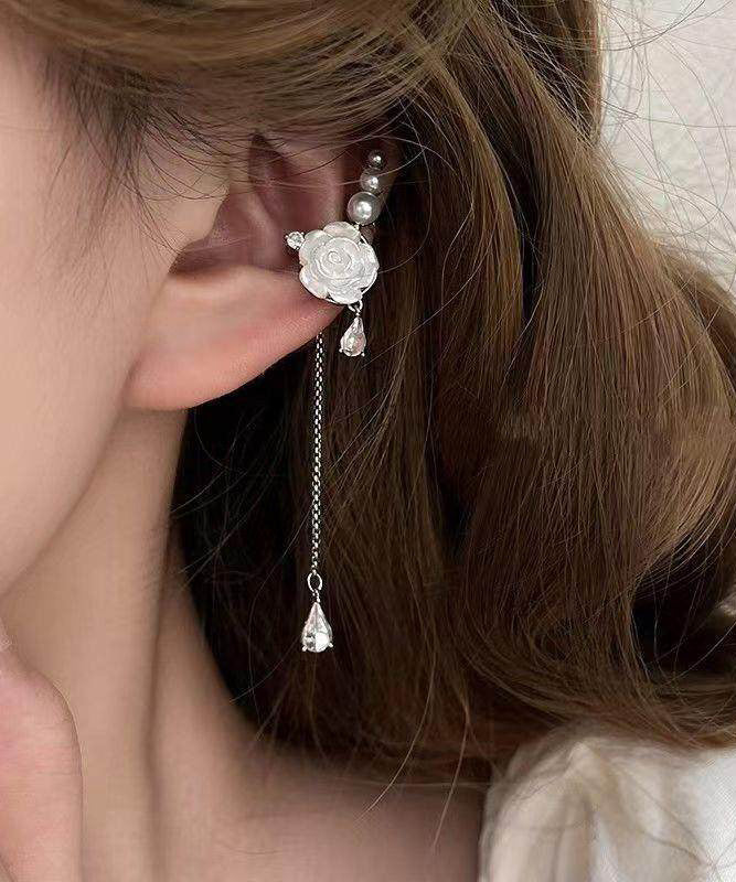 Original Design Rose Pearl Asymmetric Tassel Ear Clip Earrings