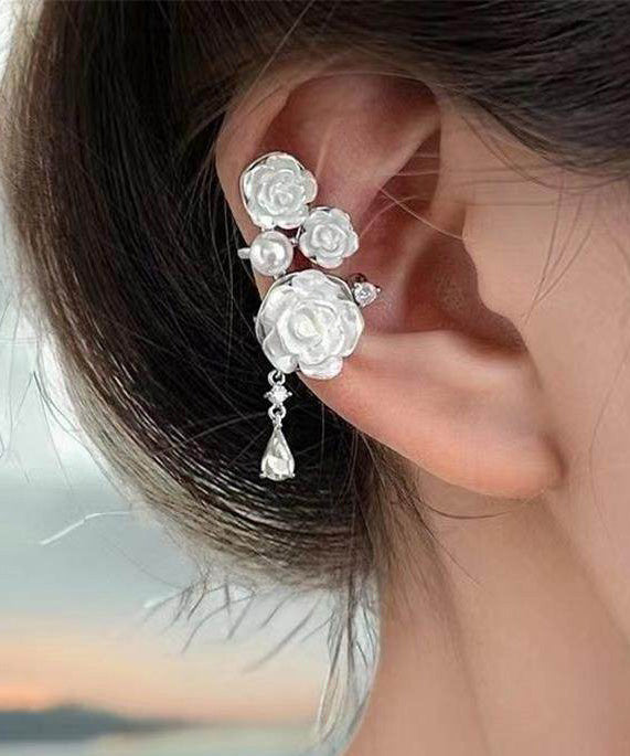 Original Design Rose Pearl Asymmetric Tassel Ear Clip Earrings
