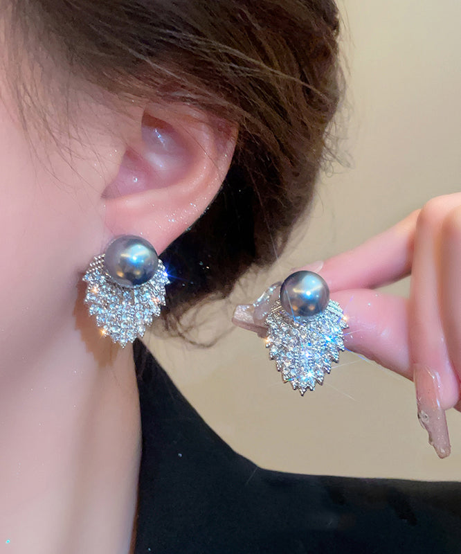 Original Design Silk Grey Zircon Pearl Stud Earrings