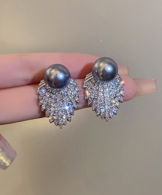 Original Design Silk Grey Zircon Pearl Stud Earrings