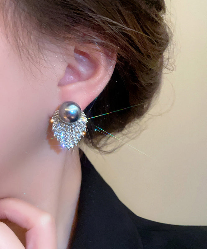 Original Design Silk Grey Zircon Pearl Stud Earrings