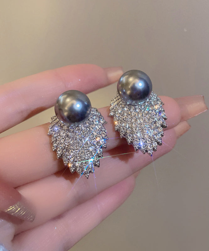 Original Design Silk Grey Zircon Pearl Stud Earrings