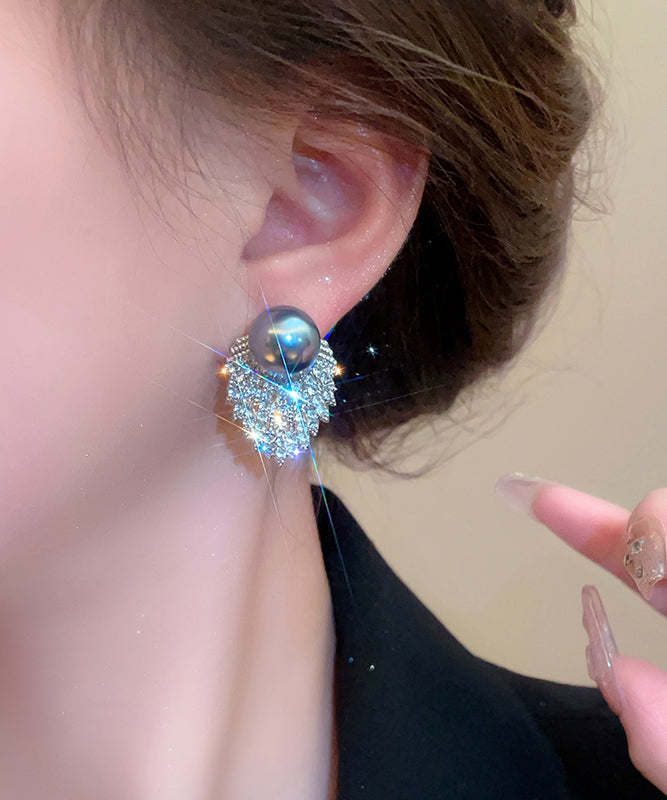 Original Design Silk Grey Zircon Pearl Stud Earrings