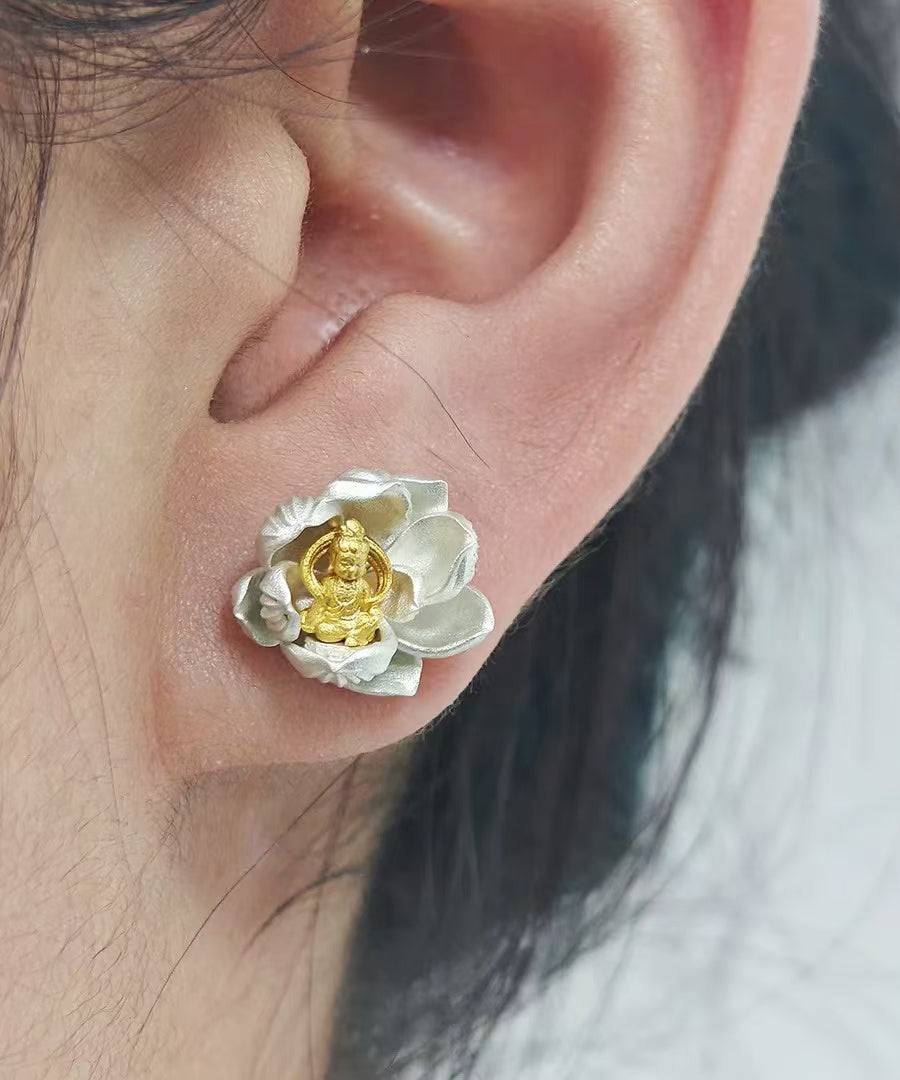 Original Design Silk Lotus Sees Buddha Silver Stud Earrings - Omychic