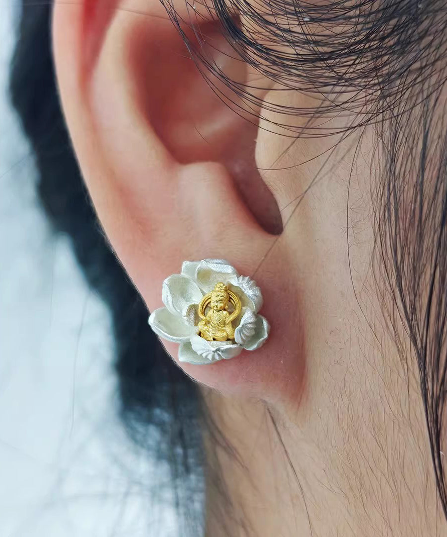 Original Design Silk Lotus Sees Buddha Silver Stud Earrings - Omychic