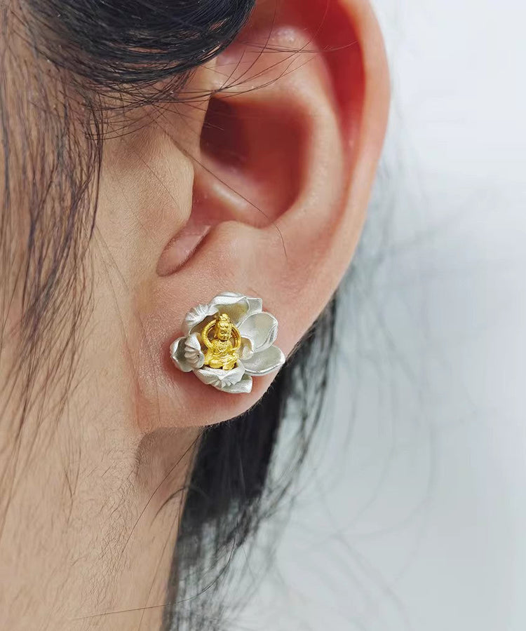 Original Design Silk Lotus Sees Buddha Silver Stud Earrings - Omychic