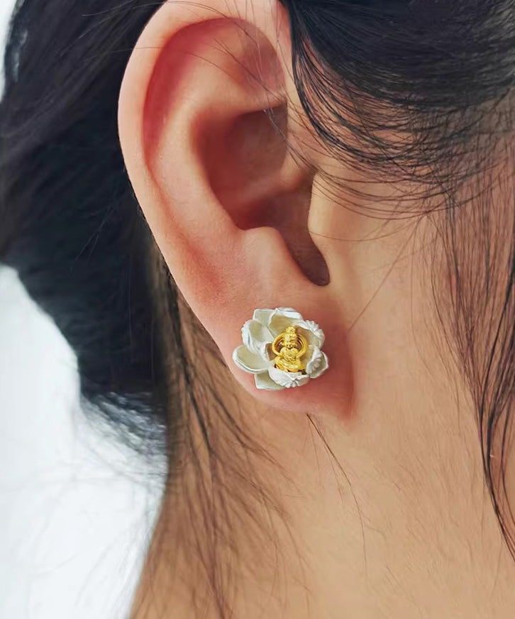 Original Design Silk Lotus Sees Buddha Silver Stud Earrings - Omychic